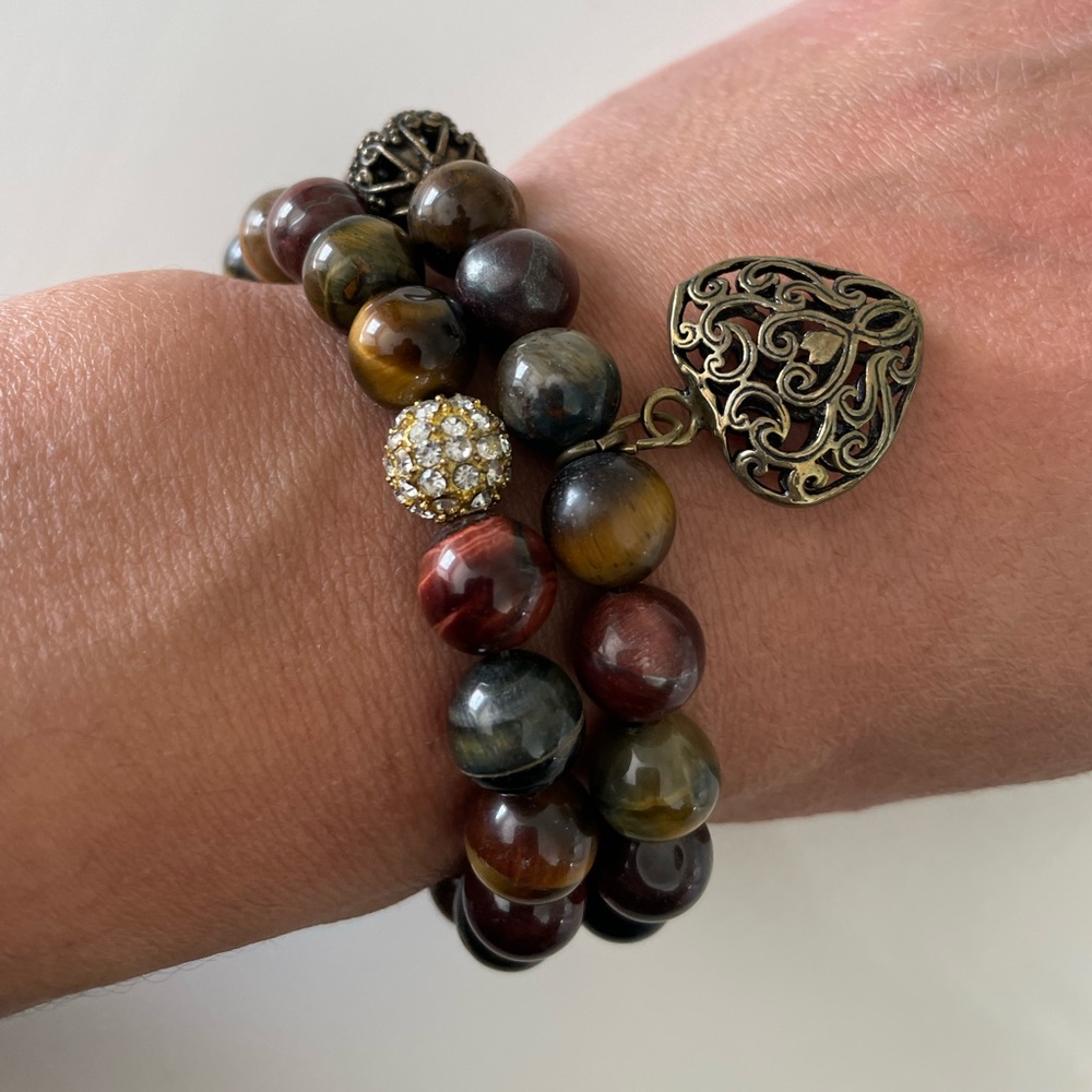 Multi colored Tiger’s Eye w/ Crystal Pave Bead and Heart Charm Bracelet Set